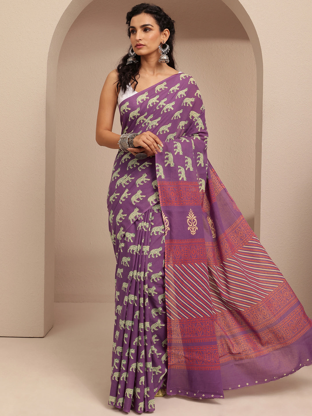  Purple Printed Cotton Saree With Unstitched Blouse Piece 