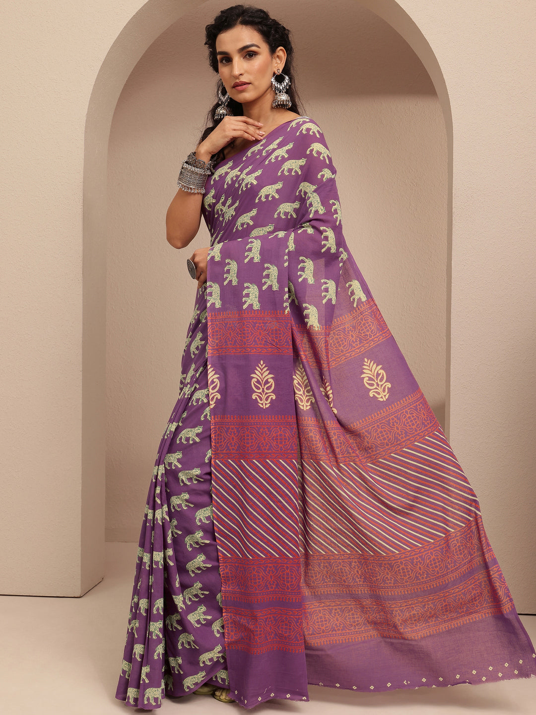  Purple Printed Cotton Saree With Unstitched Blouse Piece 