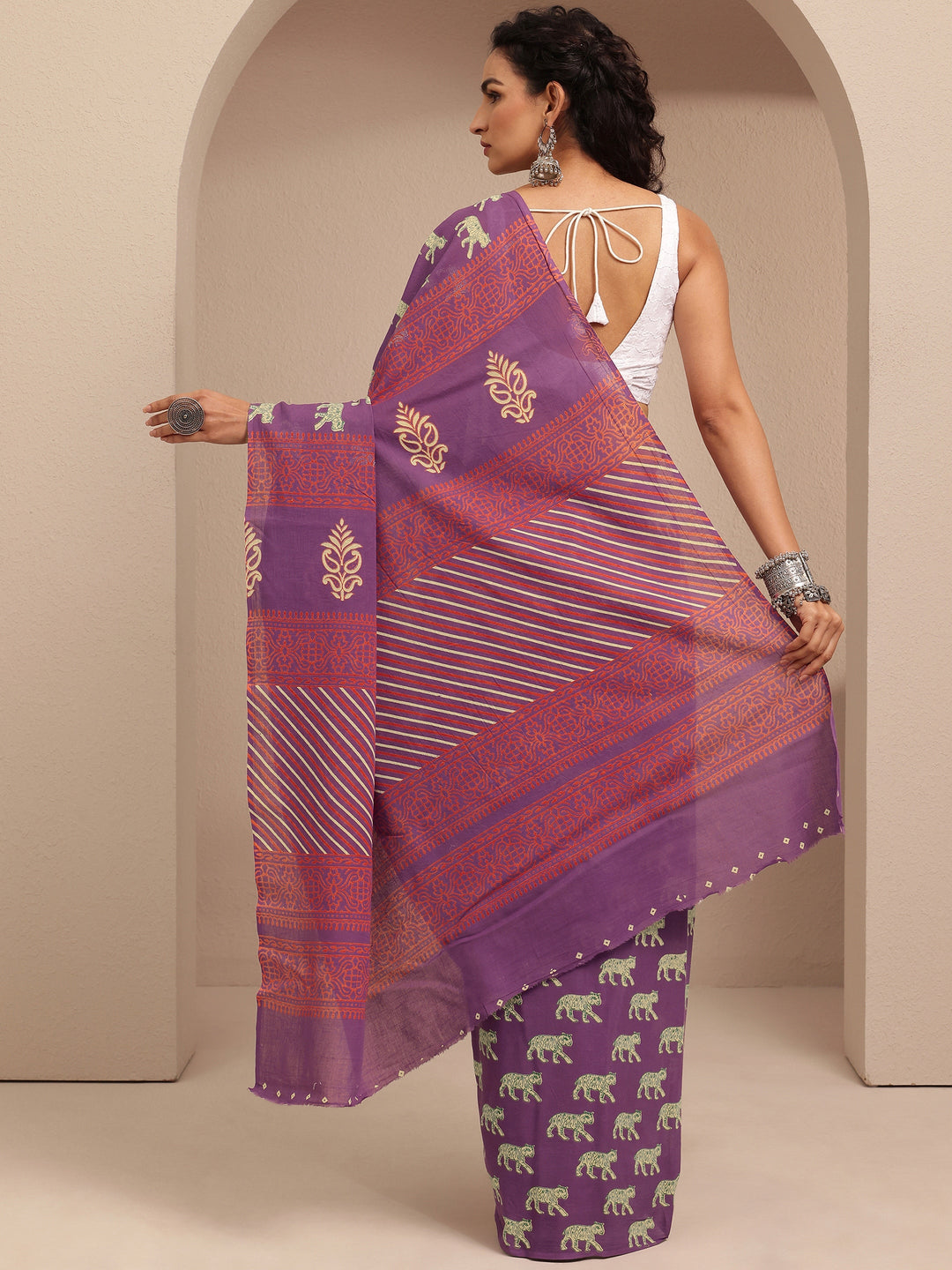  Purple Printed Cotton Saree With Unstitched Blouse Piece 