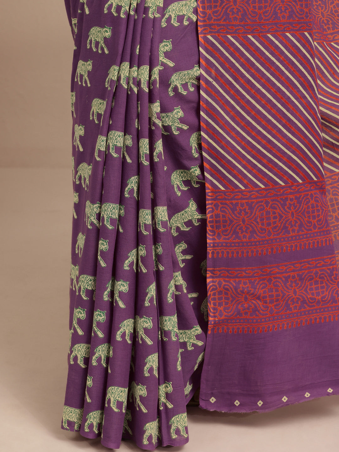  Purple Printed Cotton Saree With Unstitched Blouse Piece 