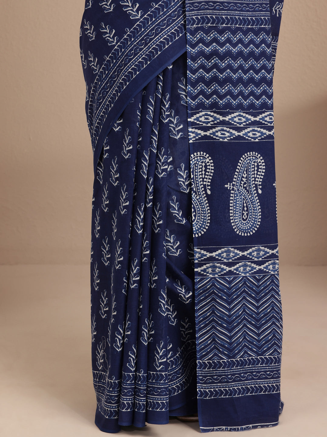  Navy Blue Printed Cotton Saree With Unstitched Blouse Piece 