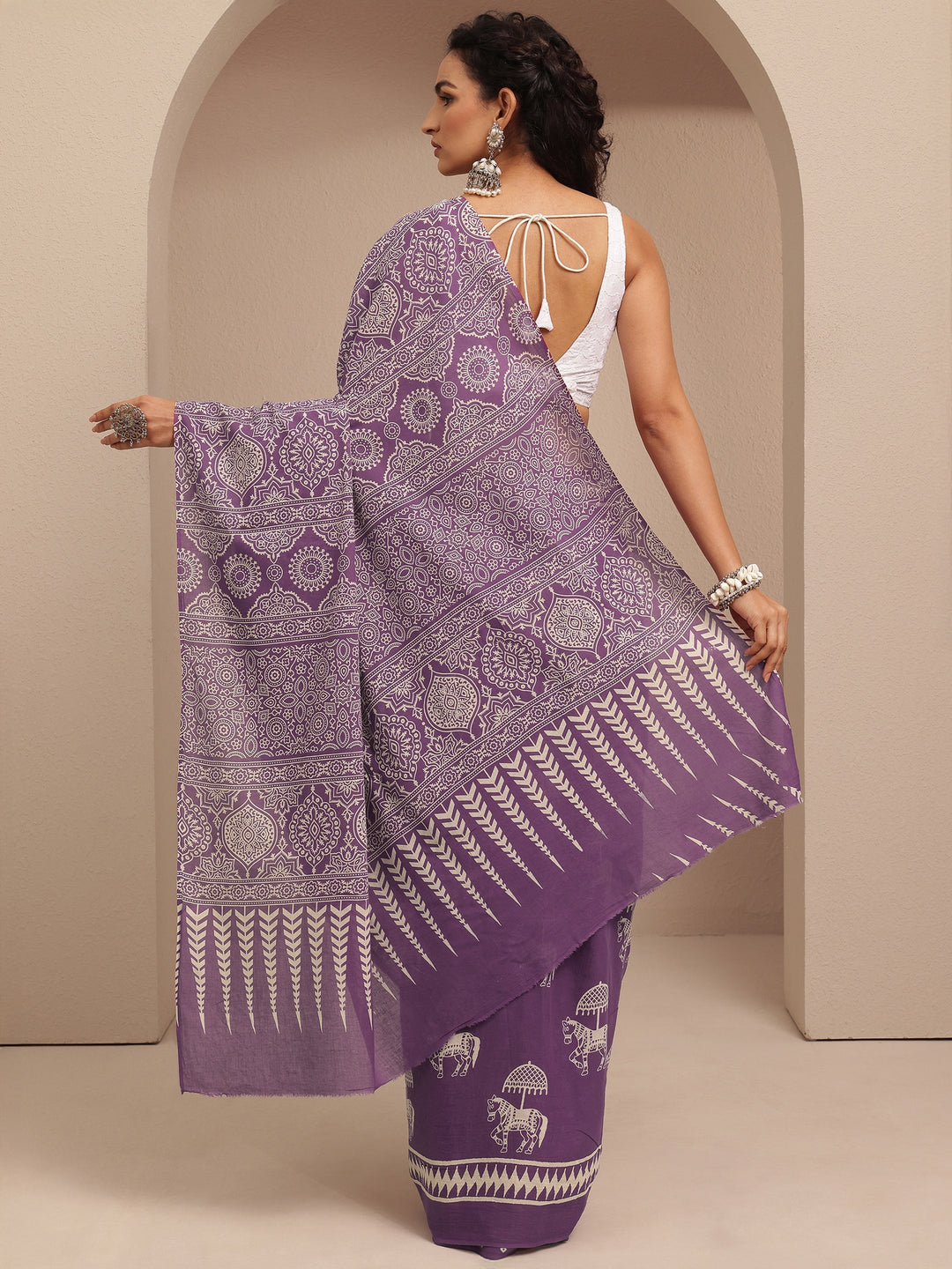  Purple Printed Cotton Saree With Unstitched Blouse Piece 