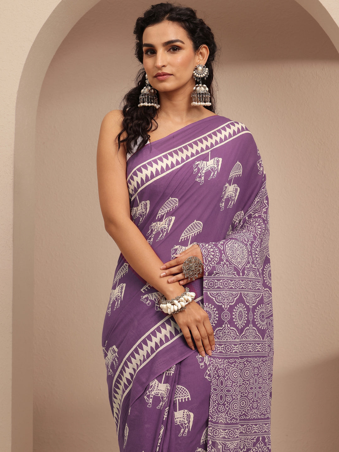  Purple Printed Cotton Saree With Unstitched Blouse Piece 
