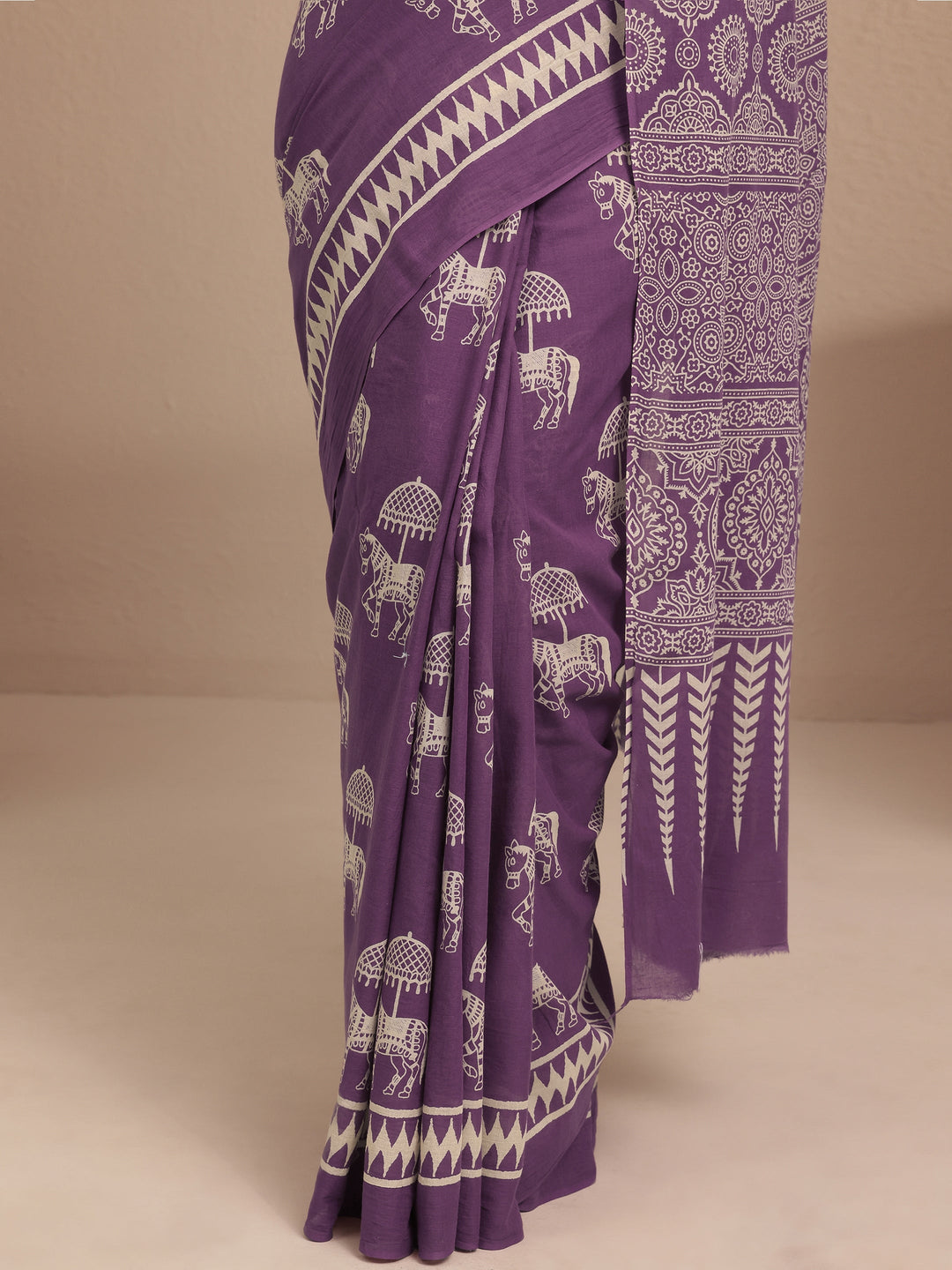  Purple Printed Cotton Saree With Unstitched Blouse Piece 