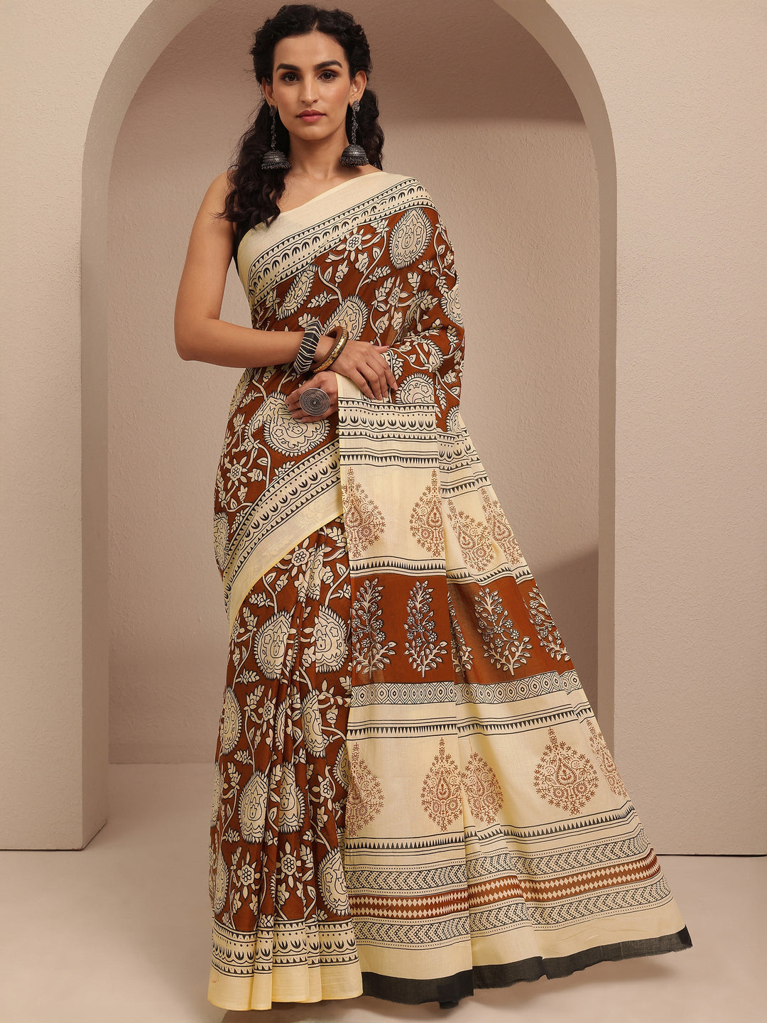  Brown Block Printed Cotton Saree With Unstitched Blouse Piece 