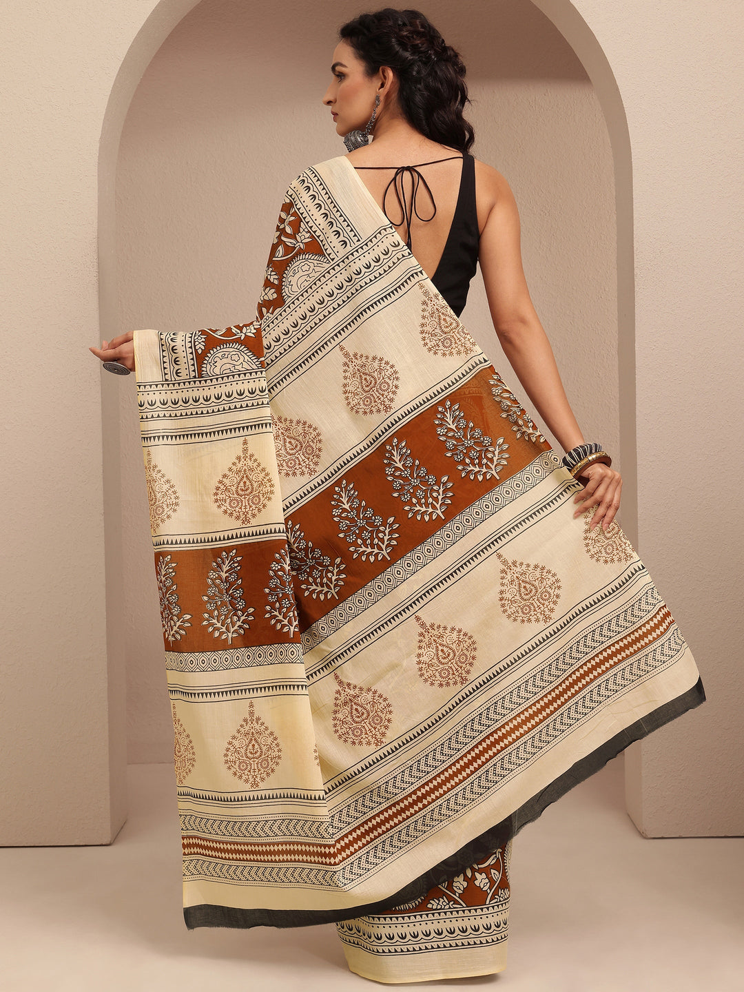  Brown Block Printed Cotton Saree With Unstitched Blouse Piece 