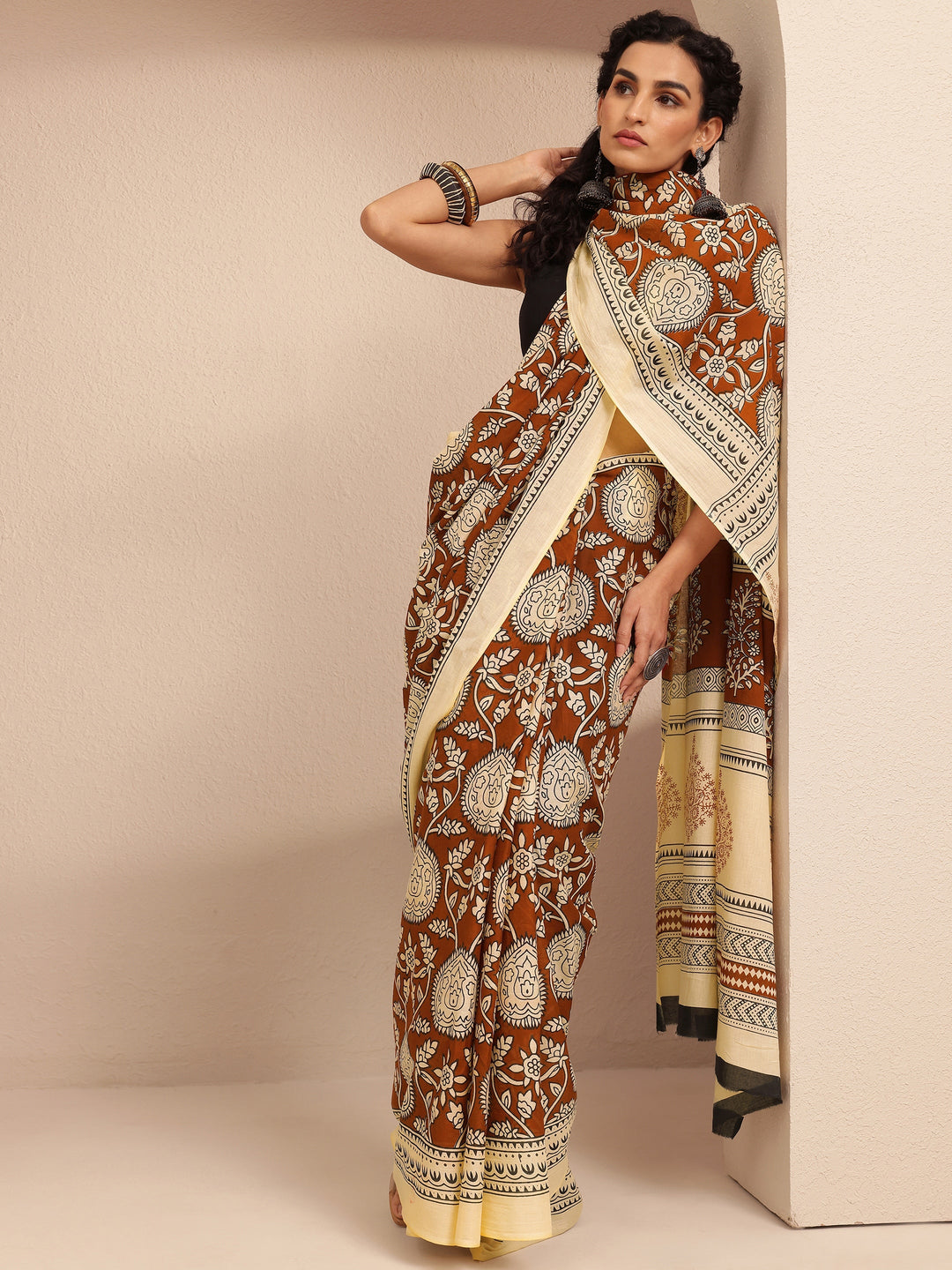  Brown Block Printed Cotton Saree With Unstitched Blouse Piece 