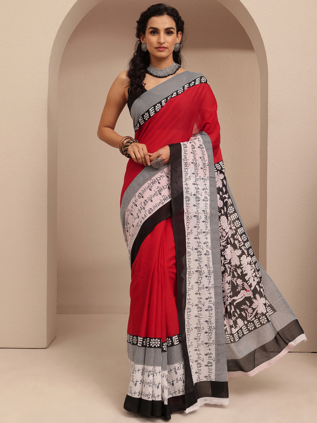  Red Solid Cotton Saree With Unstitched Blouse Piece 