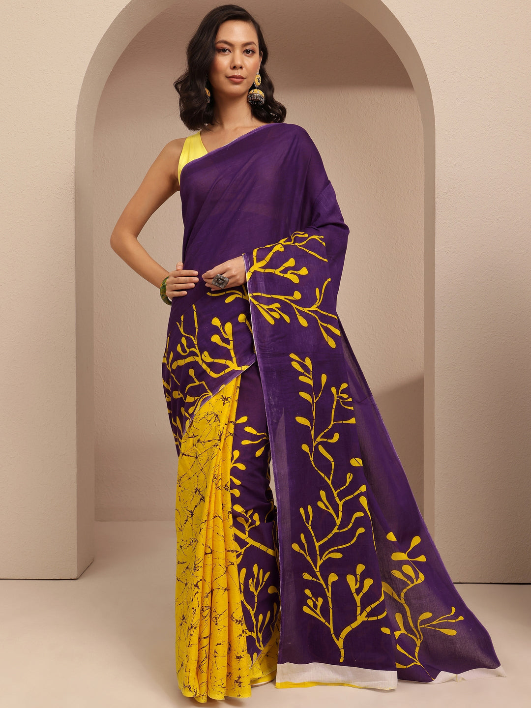  Purple Printed Cotton Saree With Unstitched Blouse Piece 