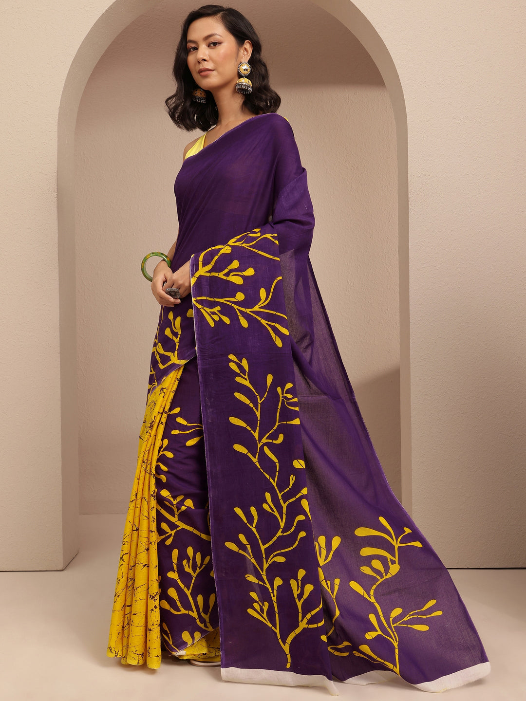  Purple Printed Cotton Saree With Unstitched Blouse Piece 