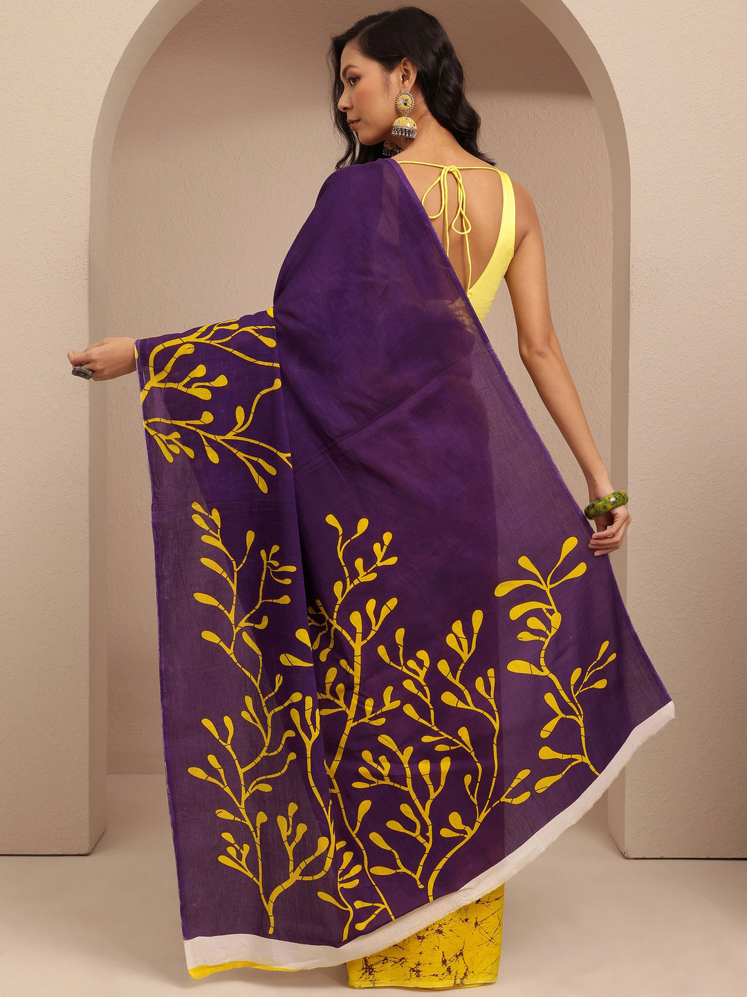  Purple Printed Cotton Saree With Unstitched Blouse Piece 