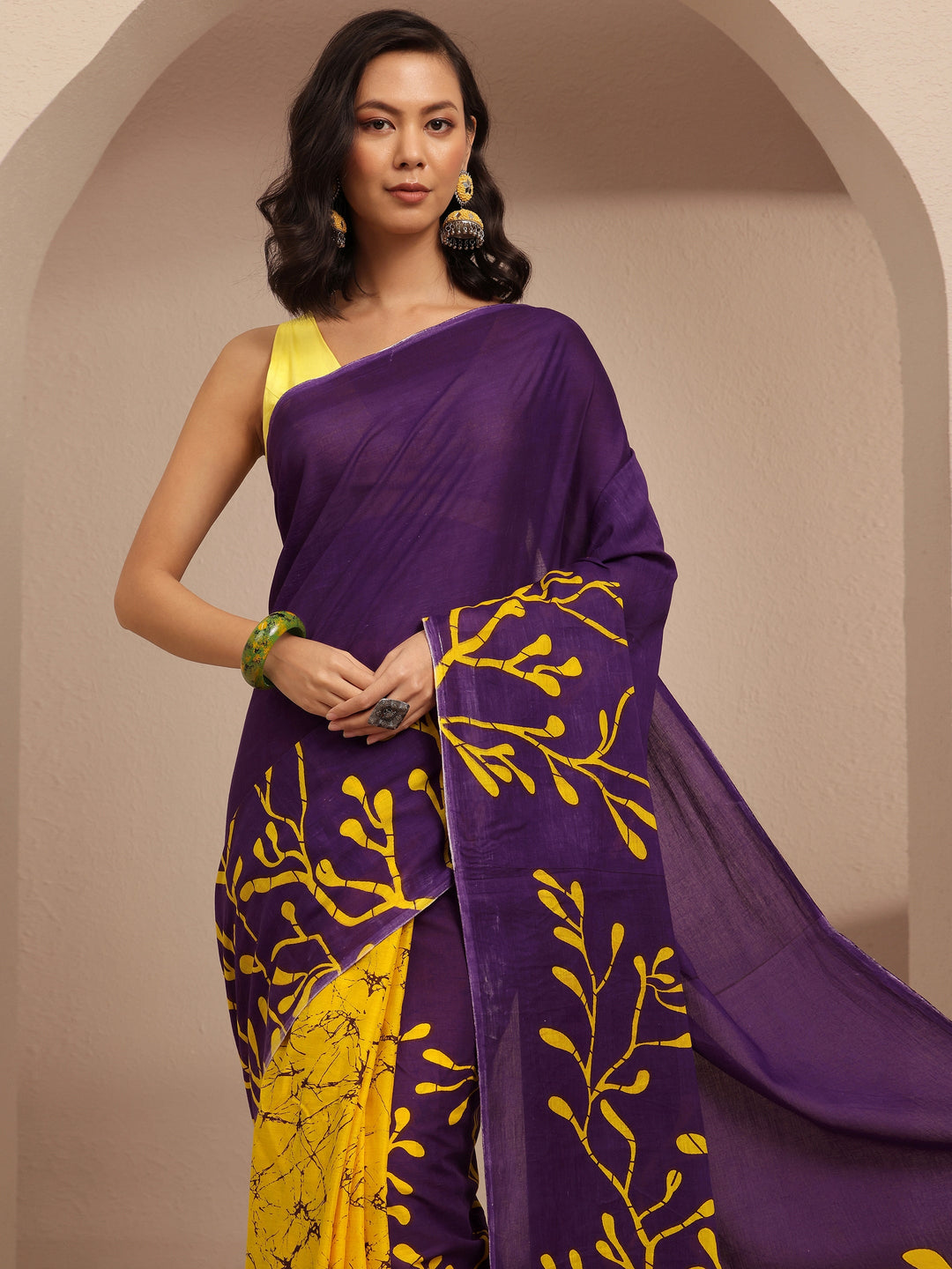  Purple Printed Cotton Saree With Unstitched Blouse Piece 