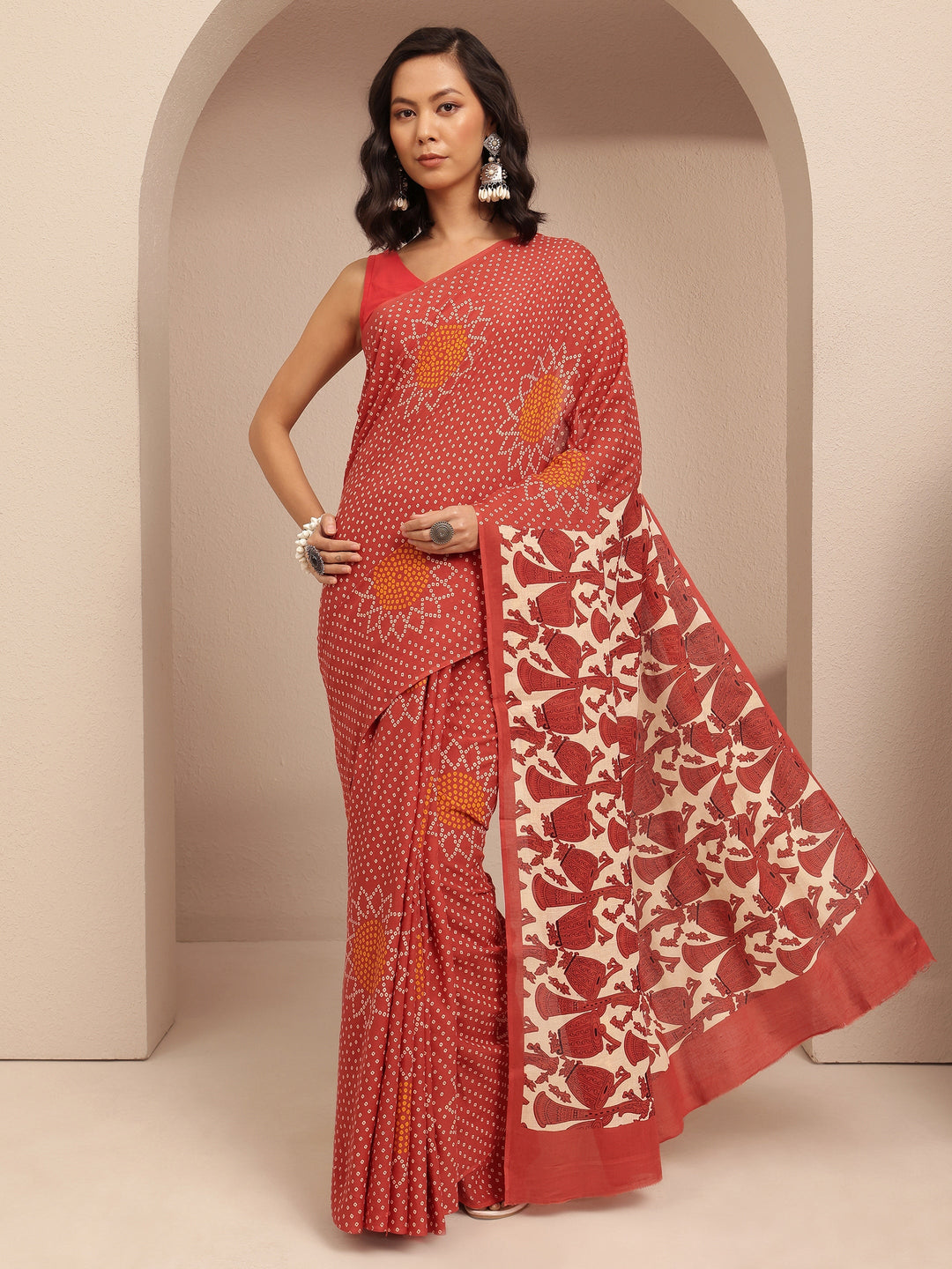  Red Bandhani Printed Cotton Saree With Unstitched Blouse Piece 