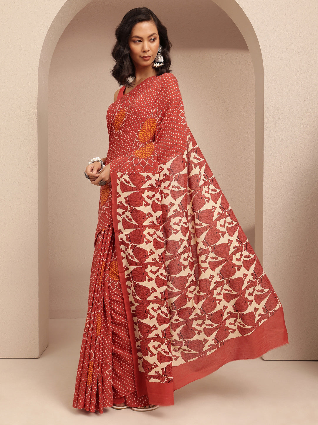  Red Bandhani Printed Cotton Saree With Unstitched Blouse Piece 