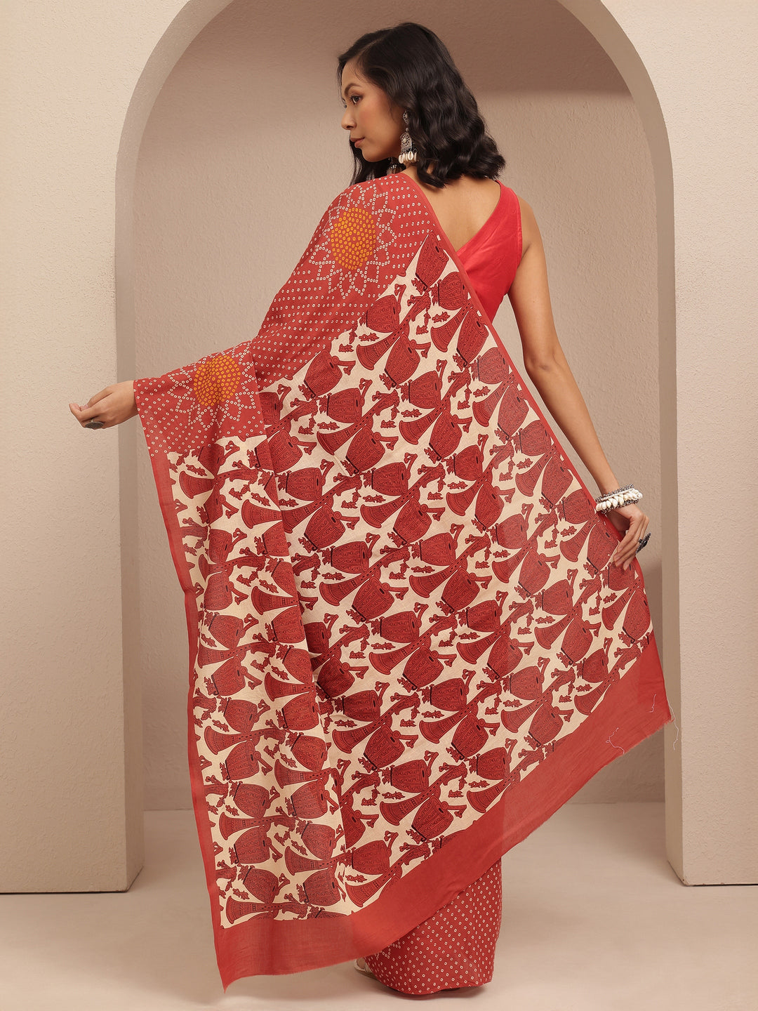  Red Bandhani Printed Cotton Saree With Unstitched Blouse Piece 