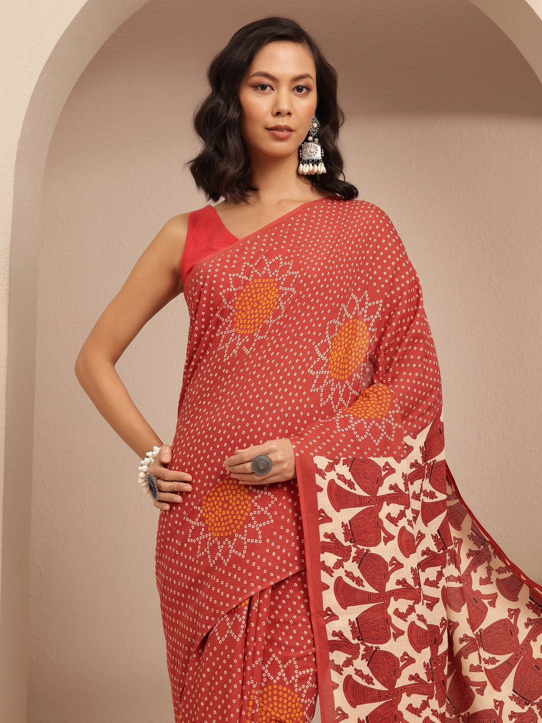 Red Bandhani Printed Cotton Saree With Unstitched Blouse Piece 