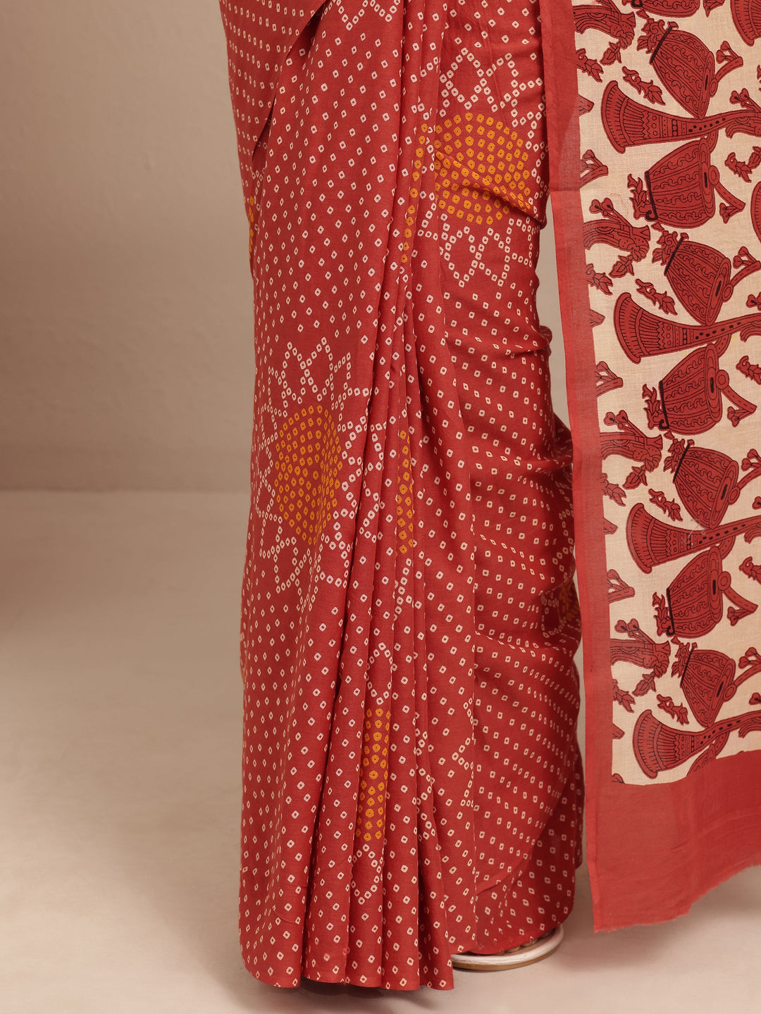 Red Bandhani Printed Cotton Saree With Unstitched Blouse Piece 