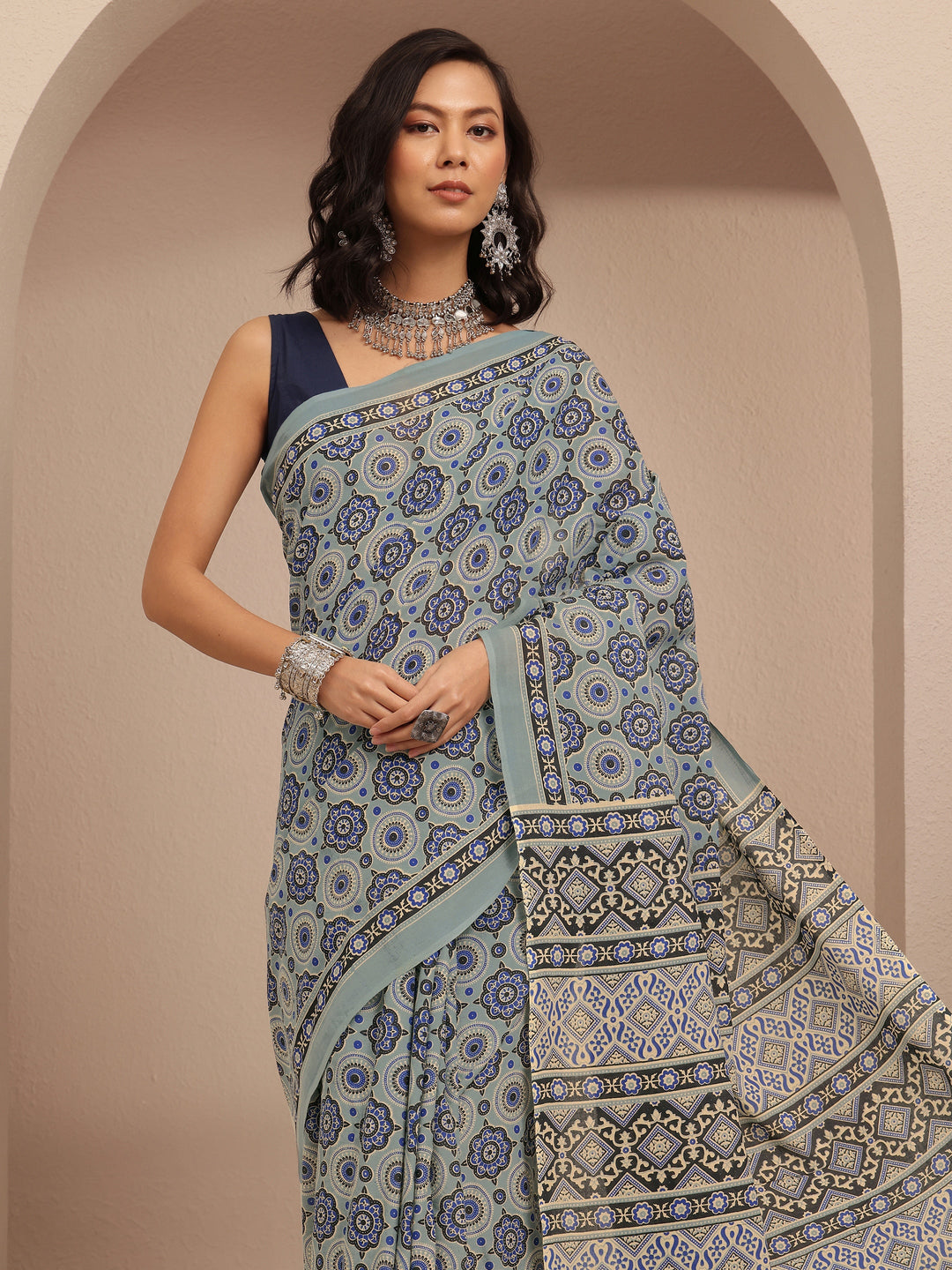  Blue Printed Cotton Saree With Unstitched Blouse Piece 