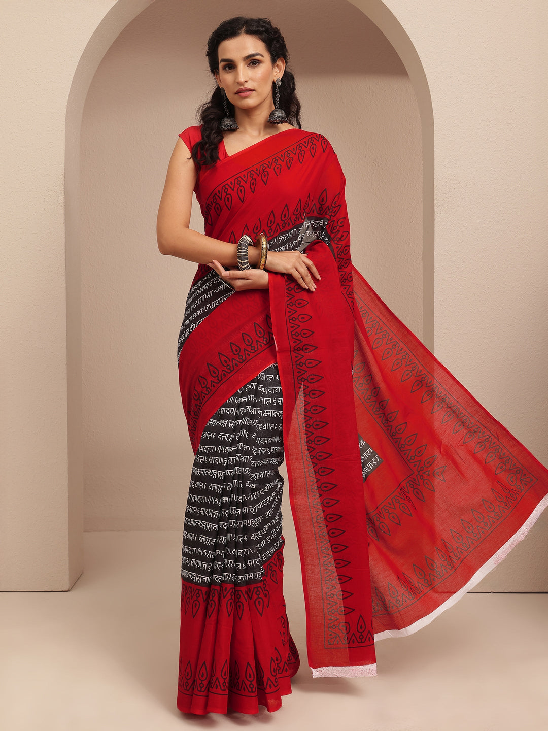  Red Printed Cotton Saree With Unstitched Blouse Piece 