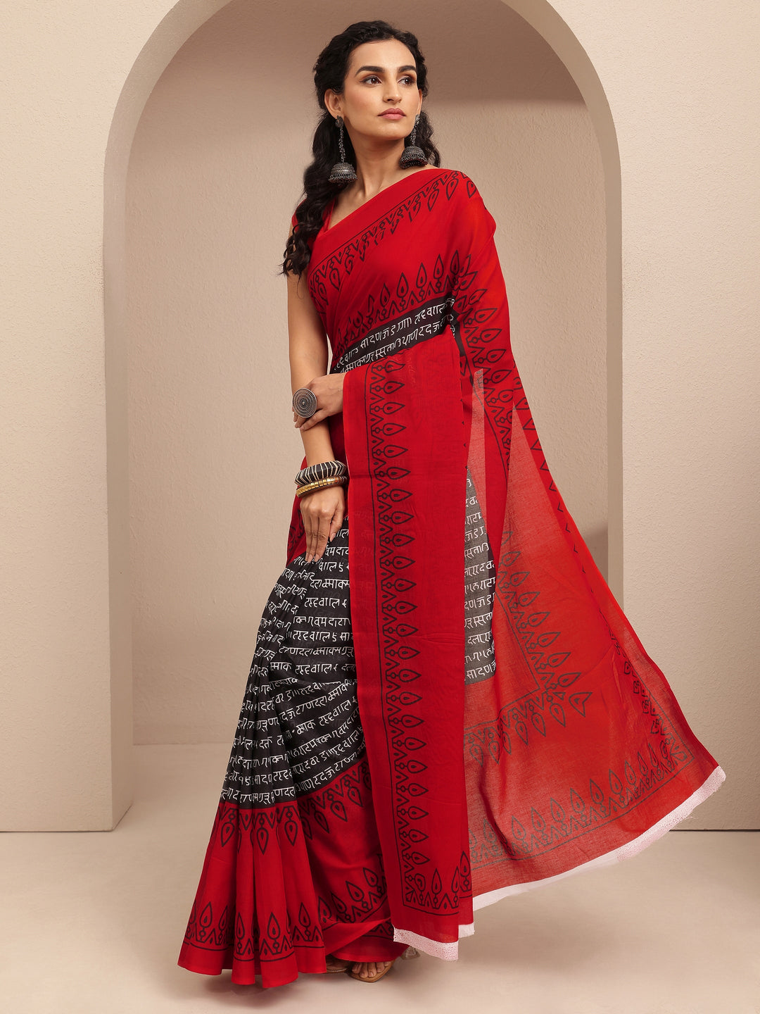  Red Printed Cotton Saree With Unstitched Blouse Piece 