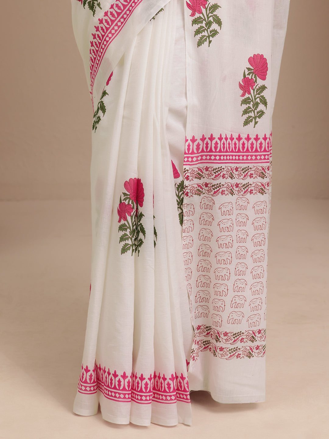  White Printed Cotton Saree With Unstitched Blouse Piece 