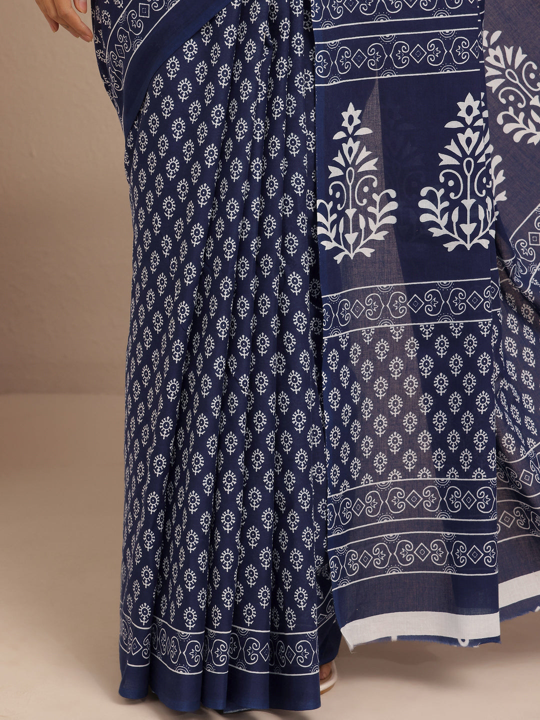  Navy Blue Block Printed Cotton Saree With Unstitched Blouse Piece 