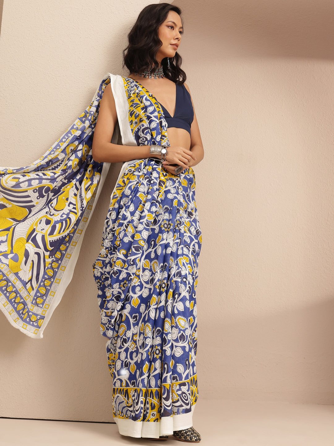  Navy Blue Printed Cotton Saree With Unstitched Blouse Piece 