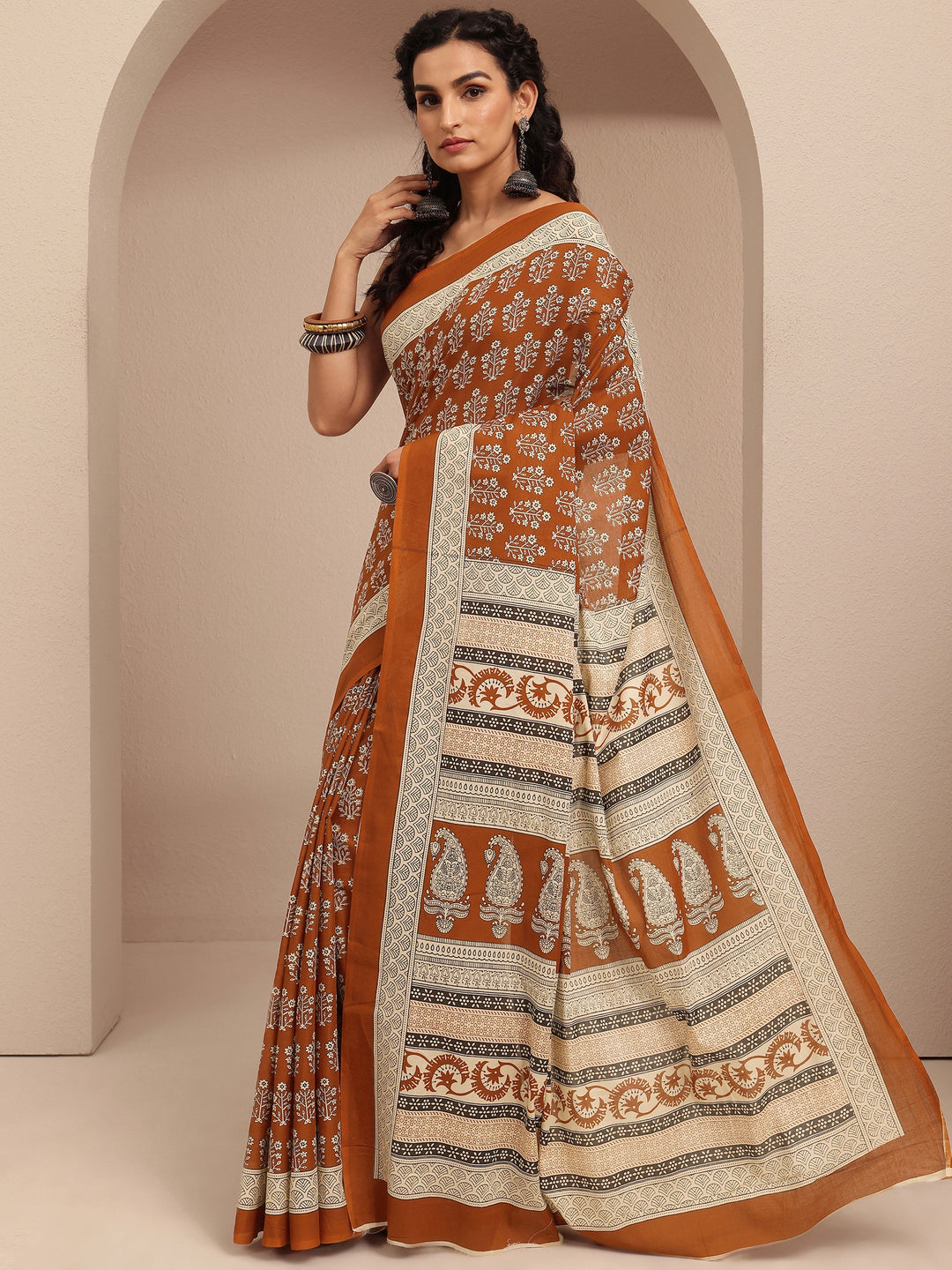  Brown Printed Cotton Saree With Unstitched Blouse Piece 