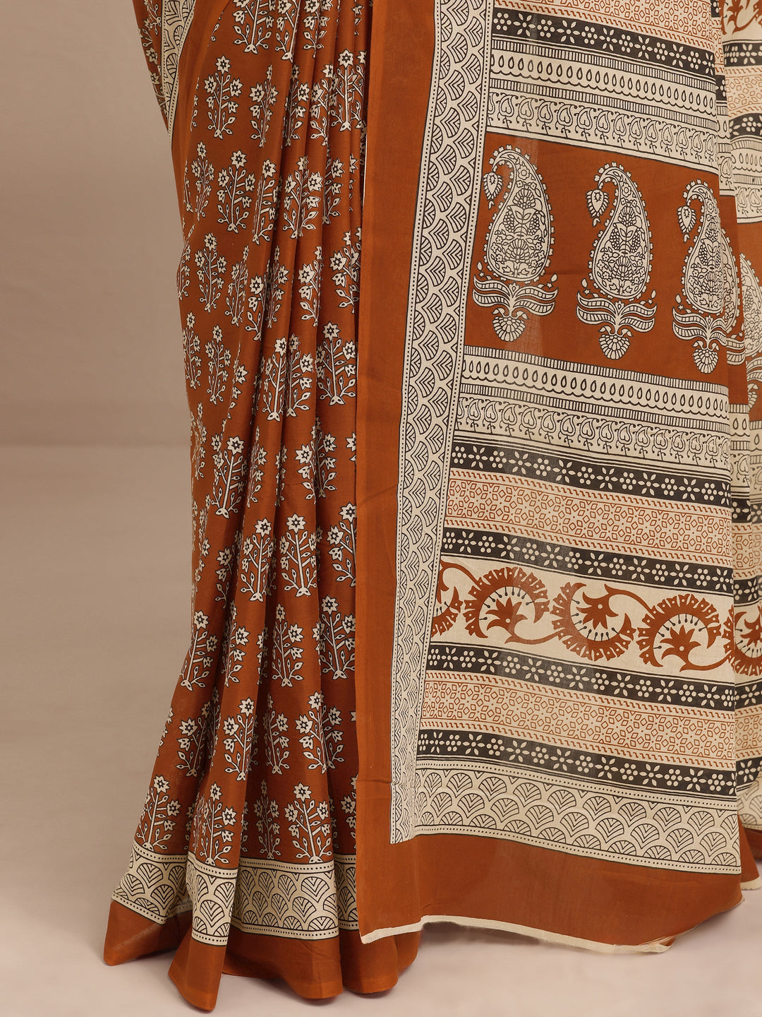  Brown Printed Cotton Saree With Unstitched Blouse Piece 