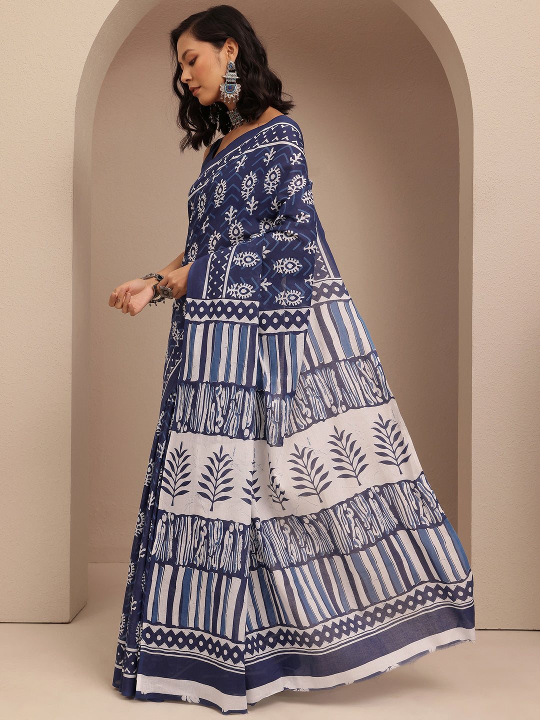  Navy Blue Block Printed Cotton Saree With Unstitched Blouse Piece 