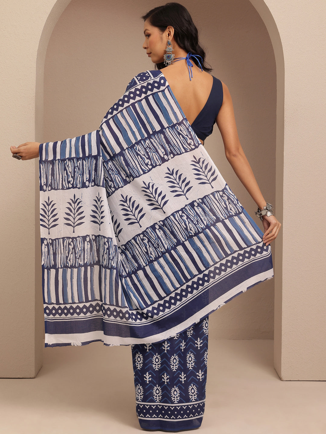  Navy Blue Block Printed Cotton Saree With Unstitched Blouse Piece 