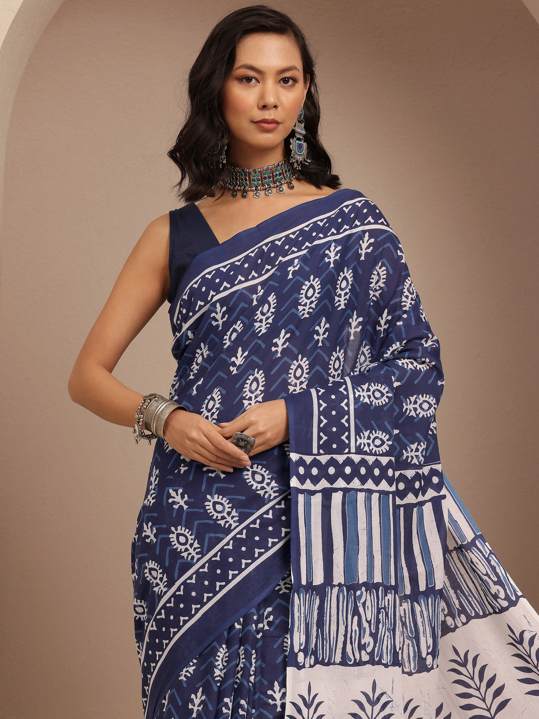  Navy Blue Block Printed Cotton Saree With Unstitched Blouse Piece 