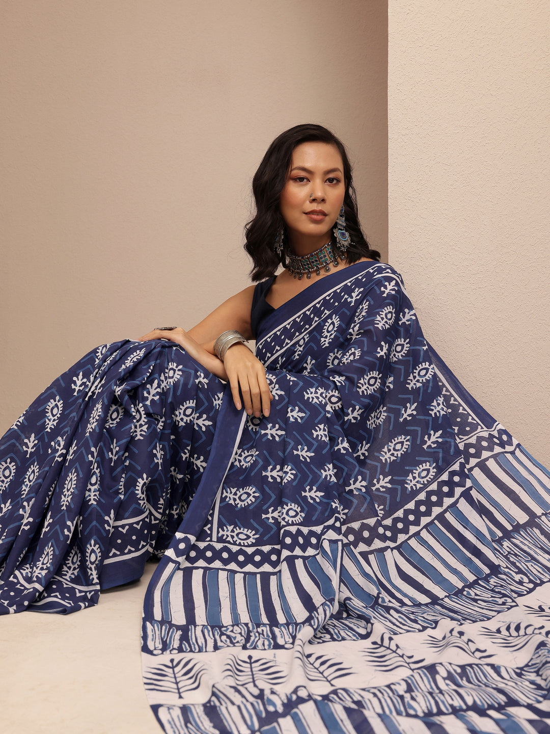  Navy Blue Block Printed Cotton Saree With Unstitched Blouse Piece 