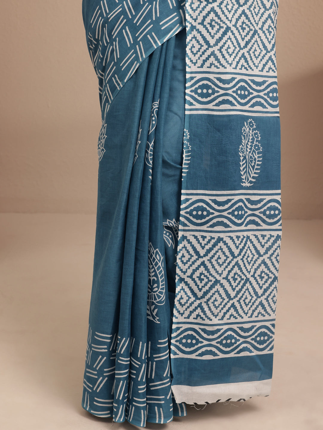  Teal Paisley Printed Cotton Saree With Unstitched Blouse Piece 