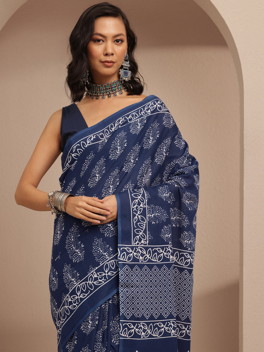  Navy Blue Printed Cotton Saree With Unstitched Blouse Piece 