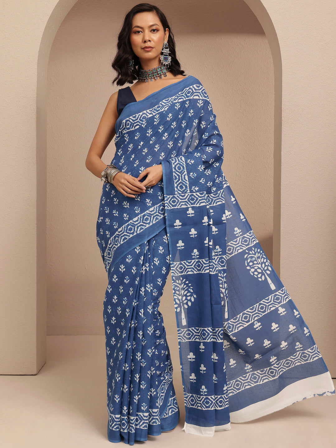  Blue Block Printed Cotton Saree With Unstitched Blouse Piece 