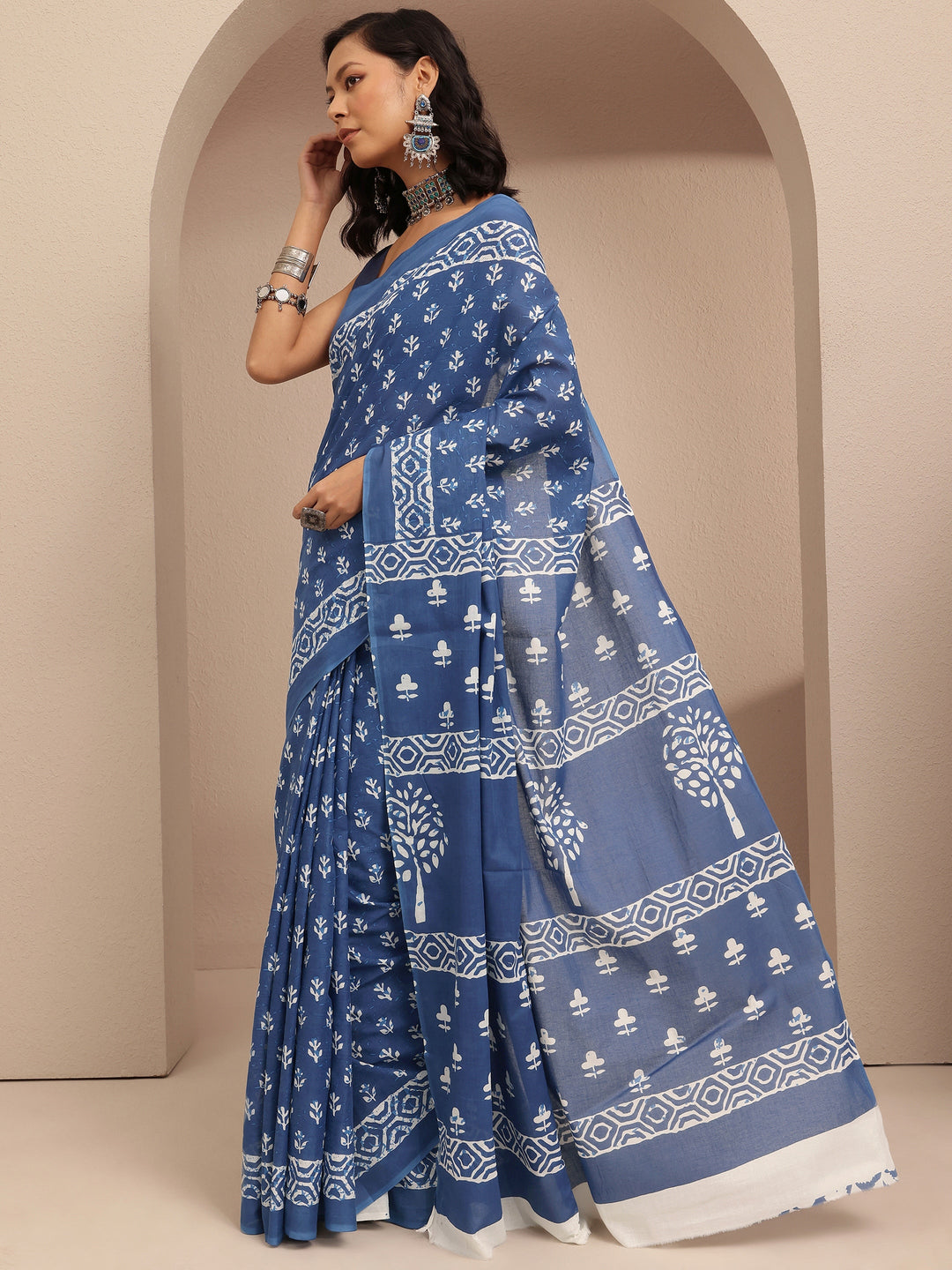  Blue Block Printed Cotton Saree With Unstitched Blouse Piece 