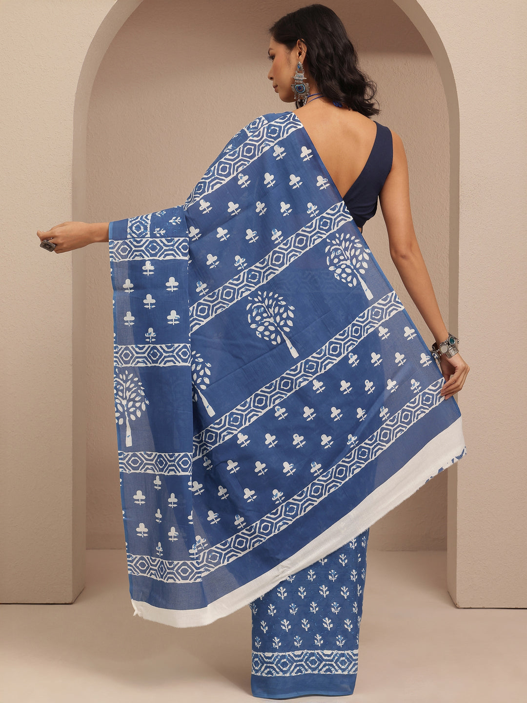  Blue Block Printed Cotton Saree With Unstitched Blouse Piece 
