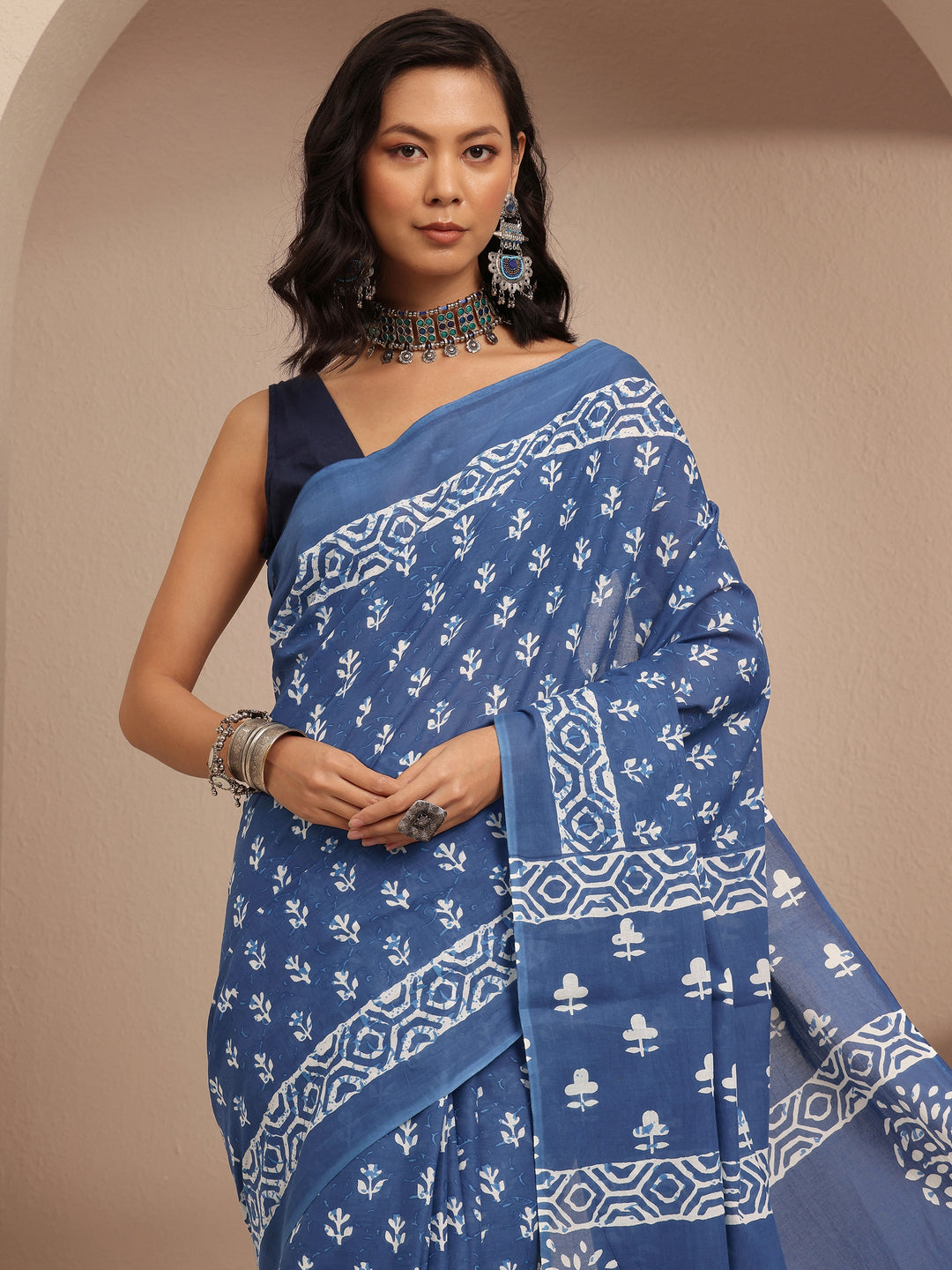  Blue Block Printed Cotton Saree With Unstitched Blouse Piece 