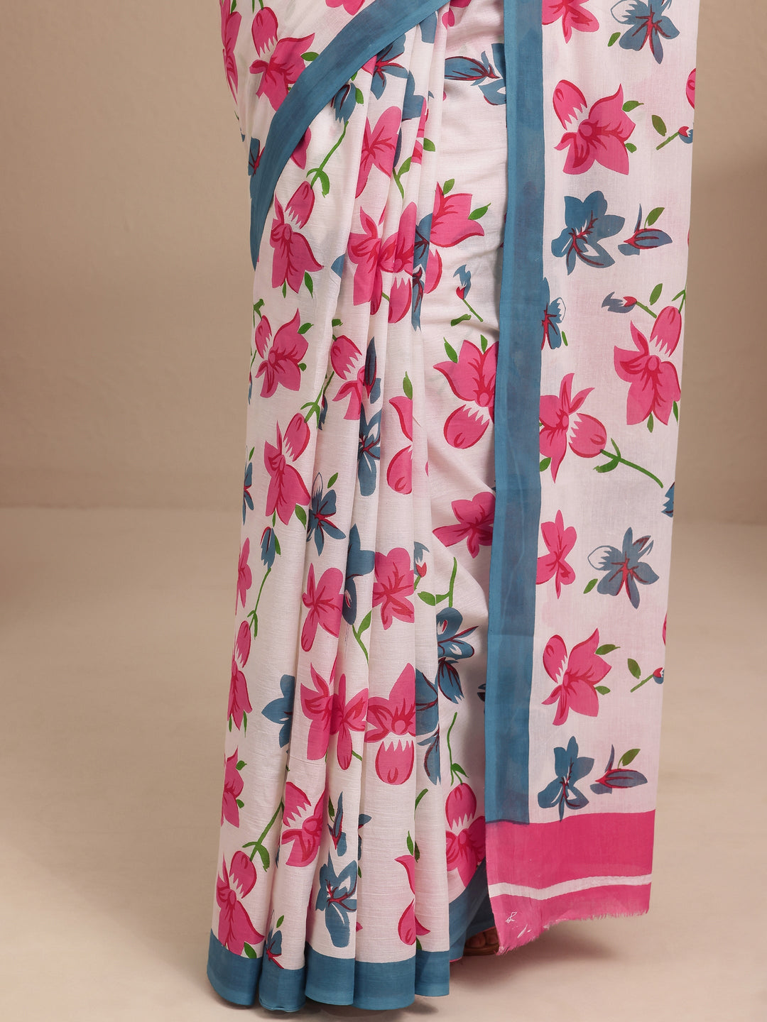  White Printed Cotton Saree With Unstitched Blouse Piece 