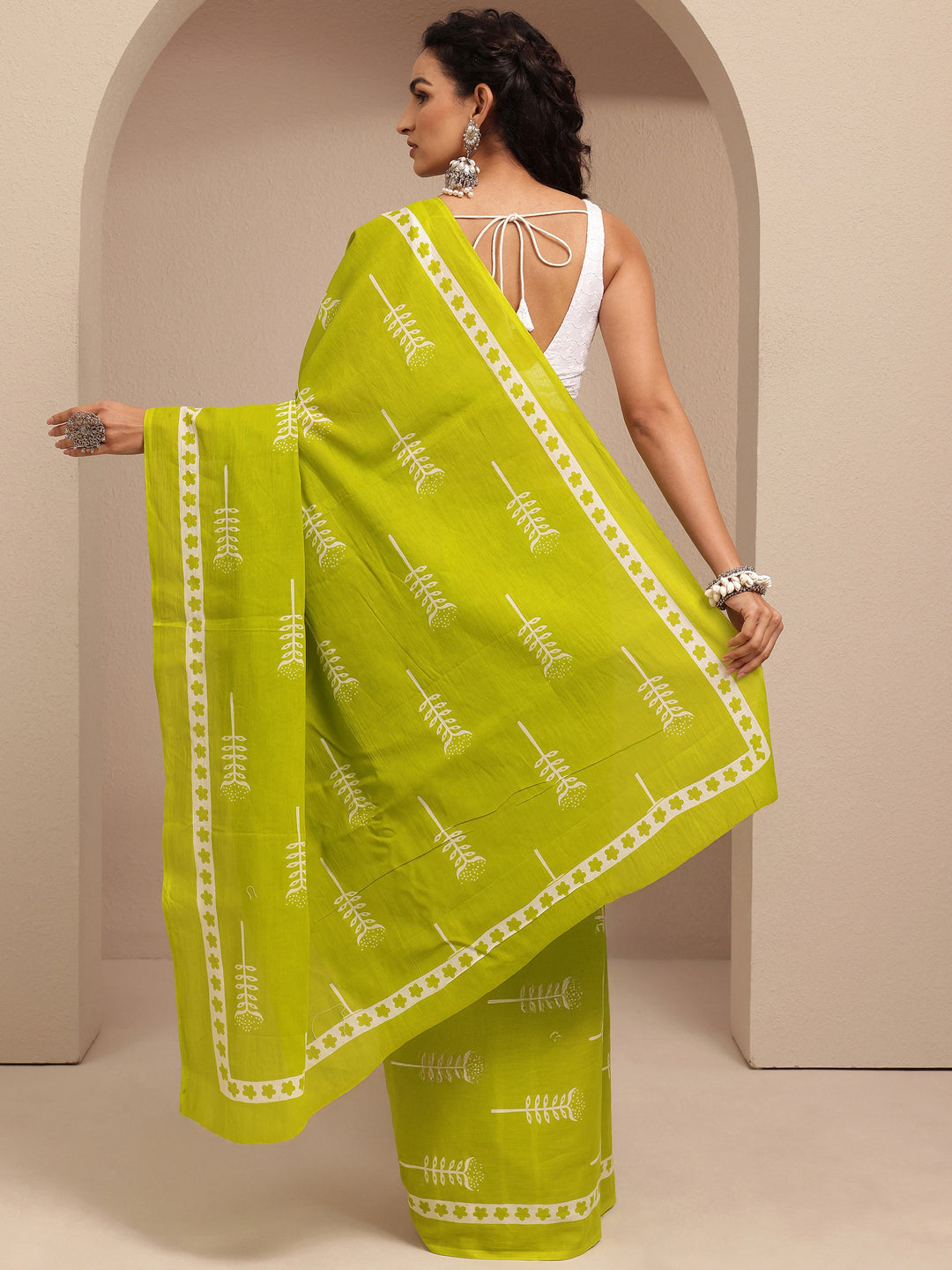  Lime Green Printed Cotton Saree With Unstitched Blouse Piece 