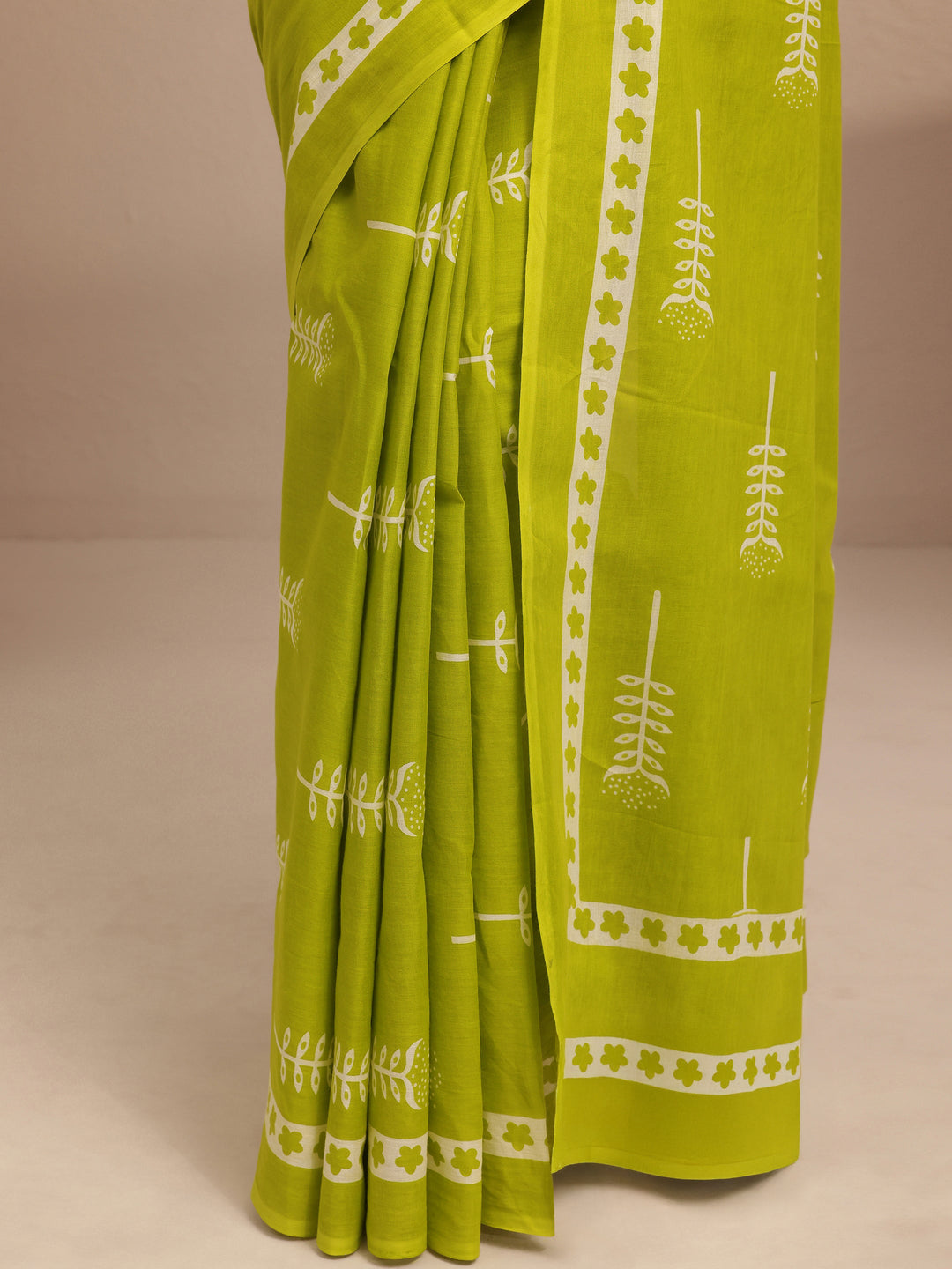 Lime Green Printed Cotton Saree With Unstitched Blouse Piece 