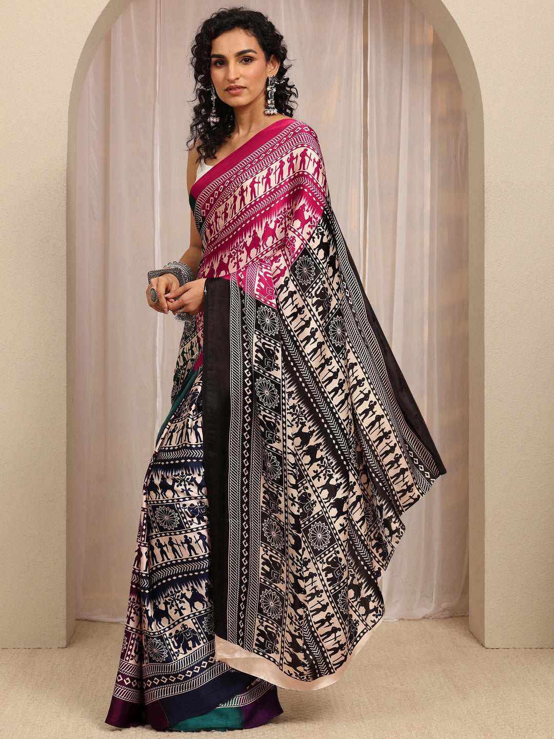  Multi Tribal Printed Silk Blend Saree With Unstitched Blouse Piece 