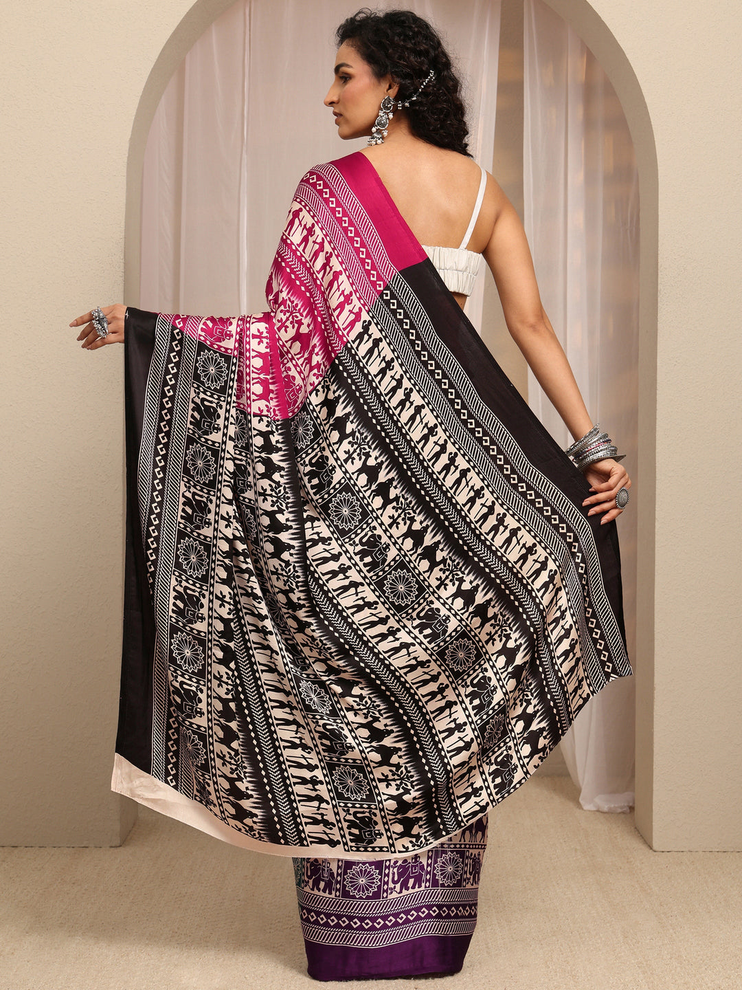  Multi Tribal Printed Silk Blend Saree With Unstitched Blouse Piece 