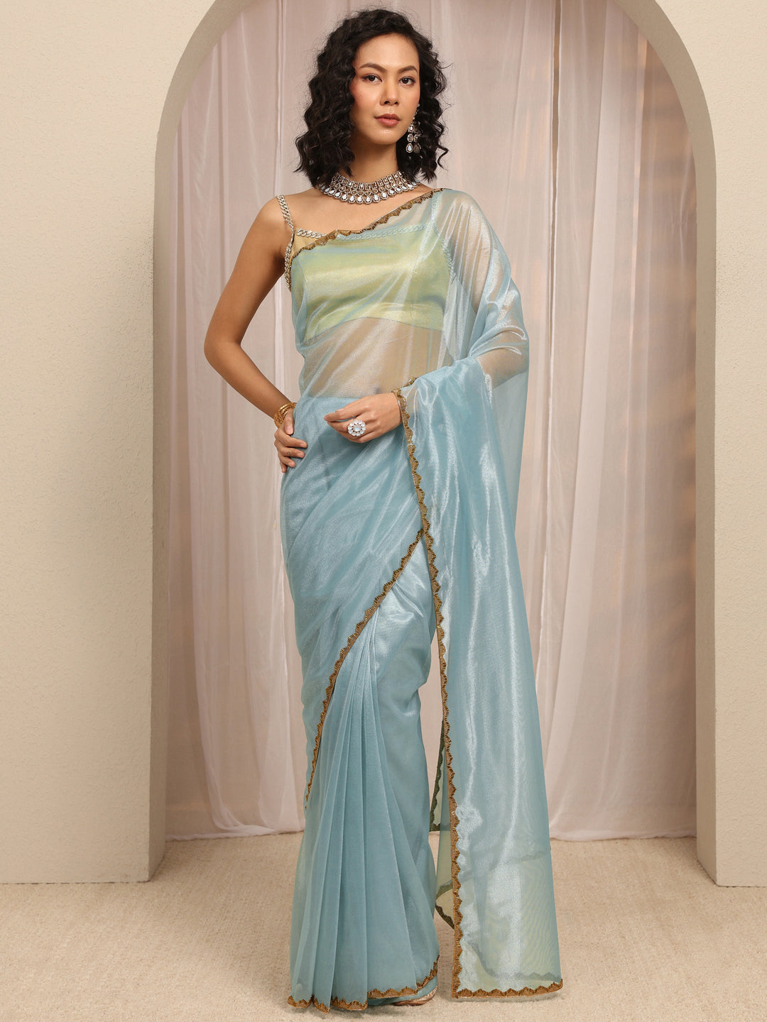  Blue Woven Design Net Saree With Unstitched Blouse Piece 