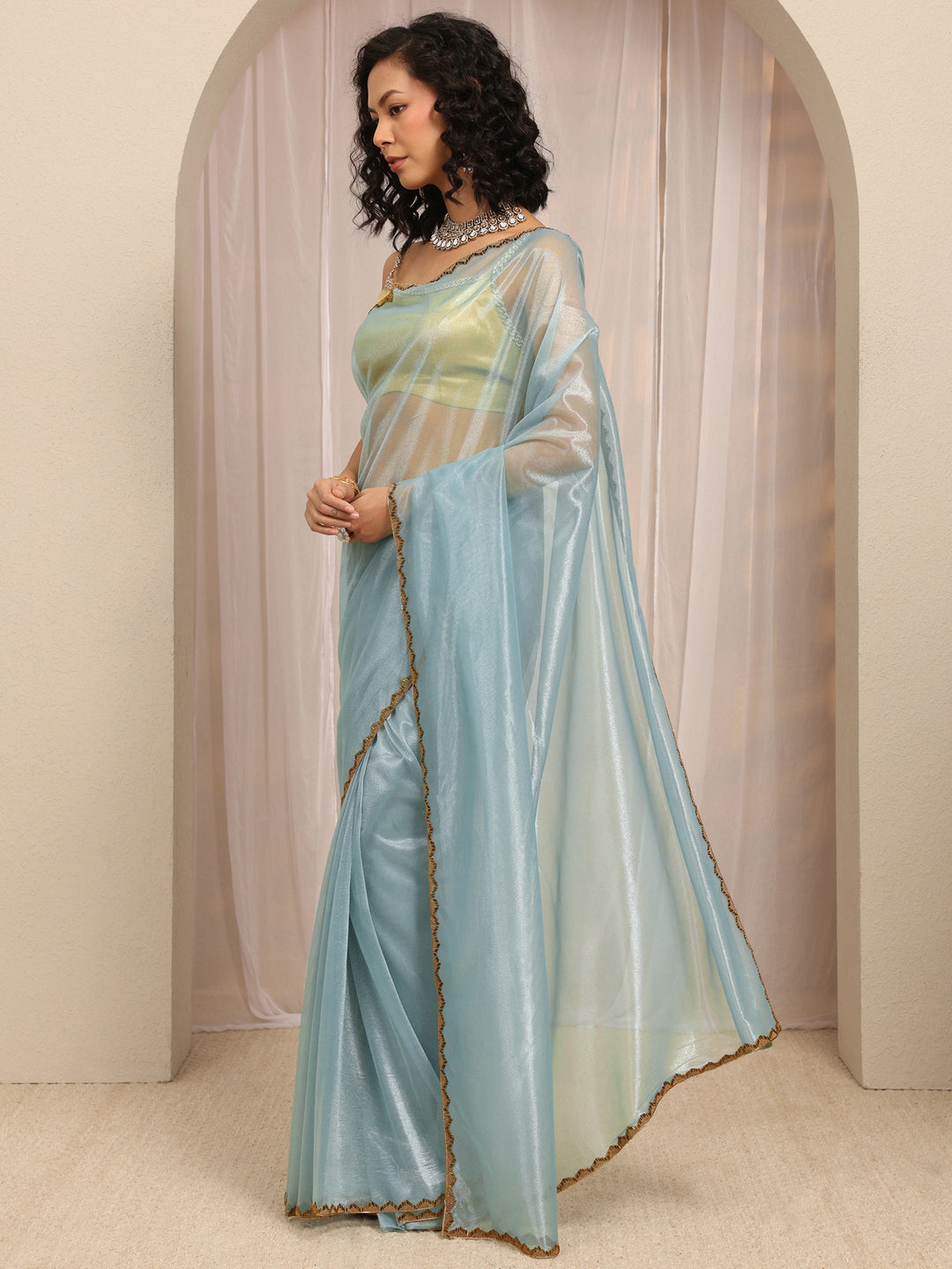  Blue Woven Design Net Saree With Unstitched Blouse Piece 
