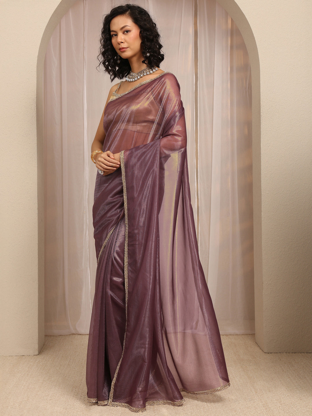  Purple Woven Design Net Saree With Unstitched Blouse Piece 