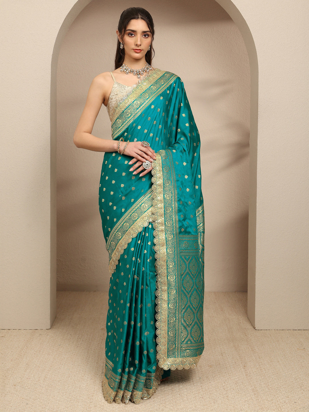  Green Ethnic Motifs Woven Design Silk Blend Saree With Unstitched Blouse Piece 