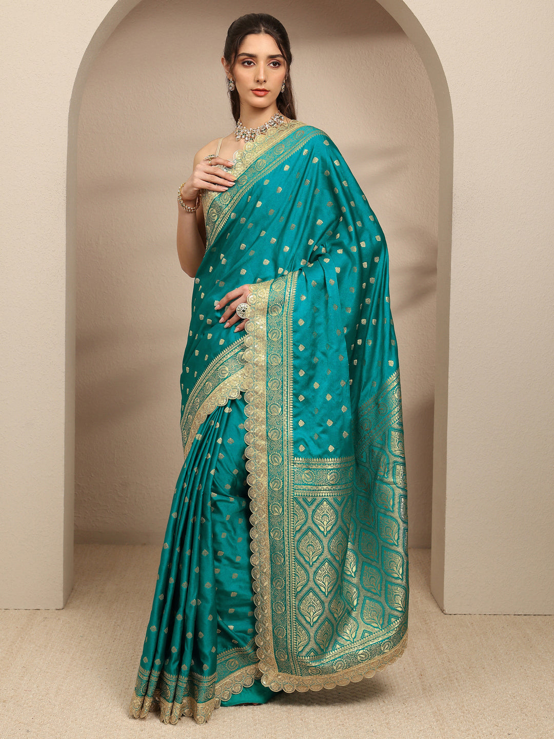  Green Ethnic Motifs Woven Design Silk Blend Saree With Unstitched Blouse Piece 
