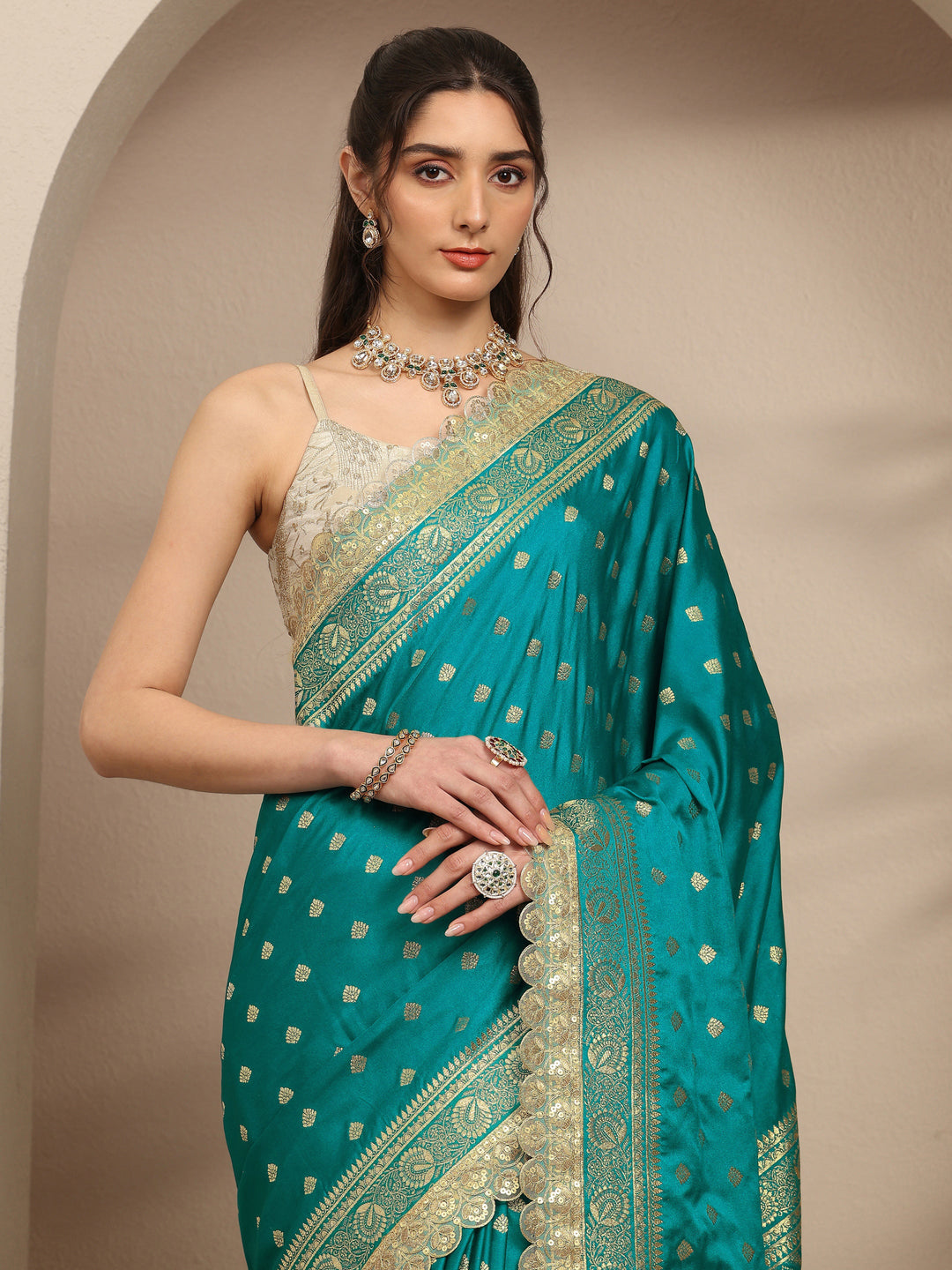  Green Ethnic Motifs Woven Design Silk Blend Saree With Unstitched Blouse Piece 